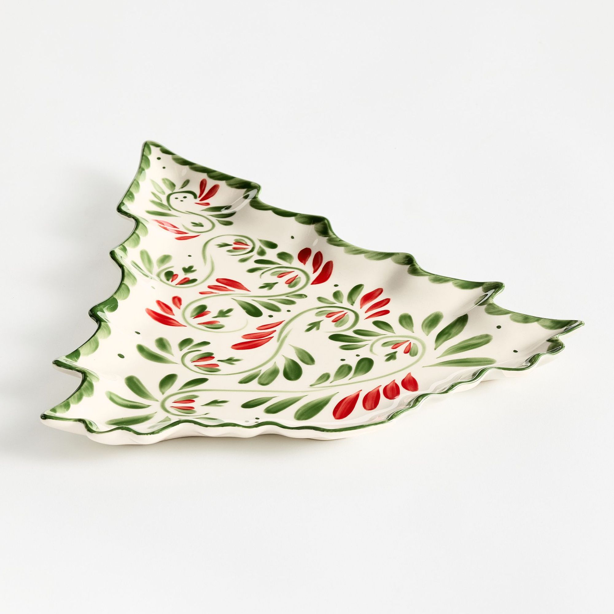 Christmas tree platter with red and green botanical details