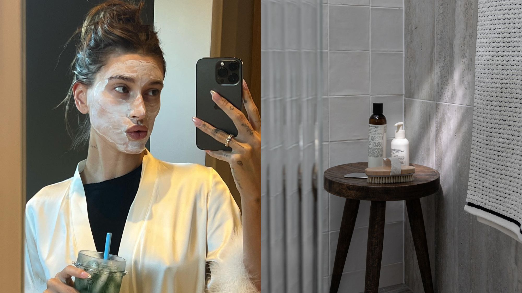 Split image of Hailey Bieber with a facial product on and a stool with skincare products on top.