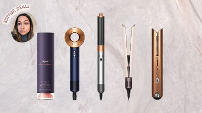 five Dyson products - the Chitosan serum, Supersonic hairdryer, Airwrap, Airstrait, and Corrale straightener - on a grey-lilac with 'Editor deals' label in the corner