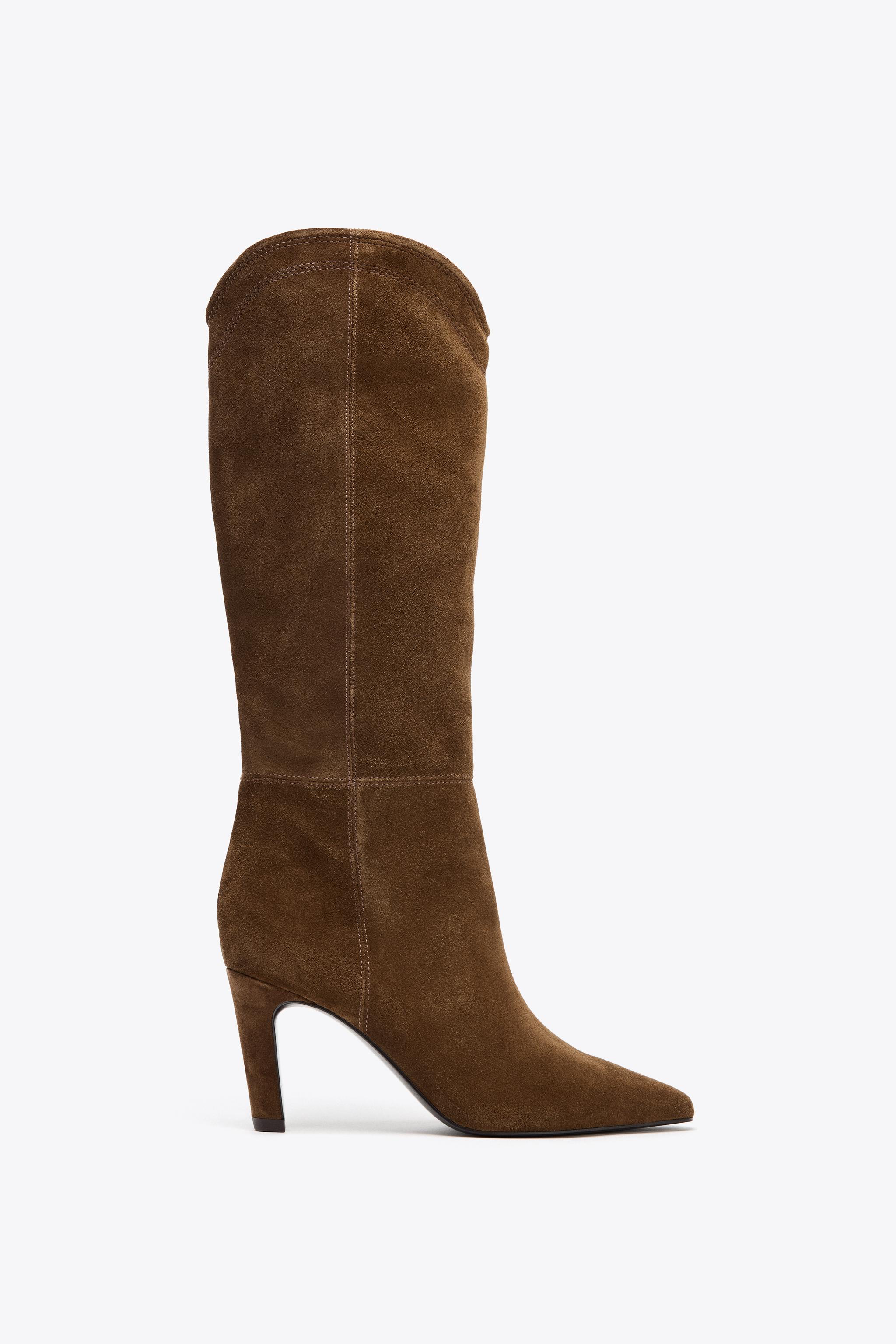 Stitched Split Leather Heeled Boots