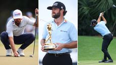Cameron Young holds The Players Championship trophy, with a picture either side