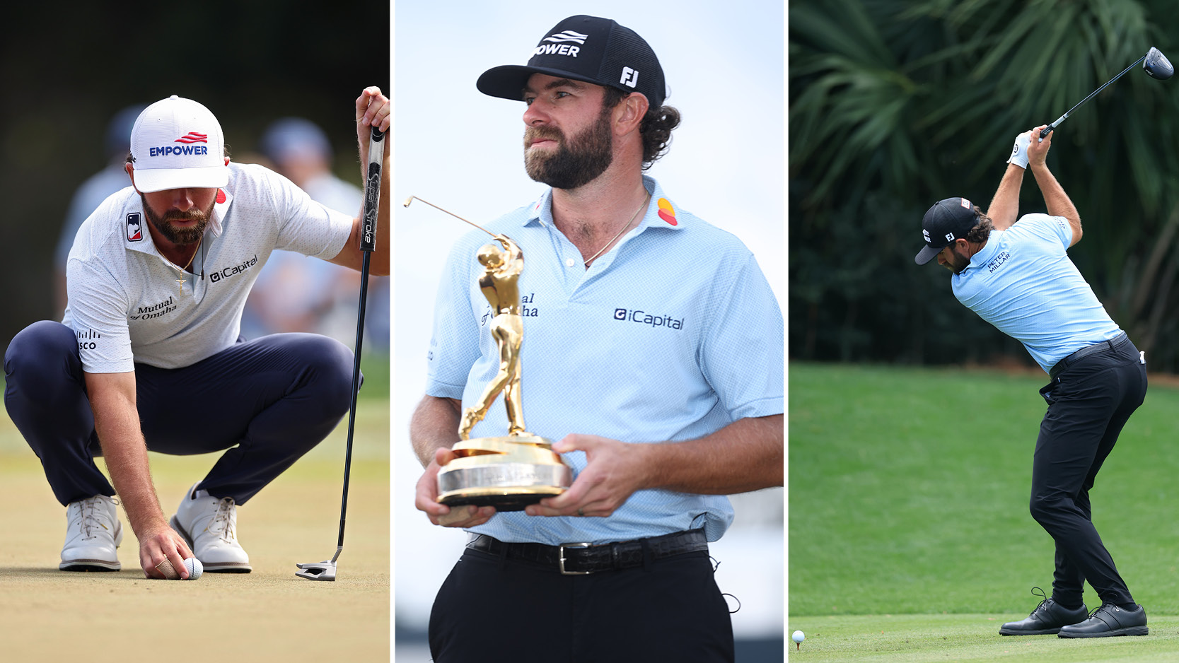 Cameron Young holds The Players Championship trophy, with a picture either side