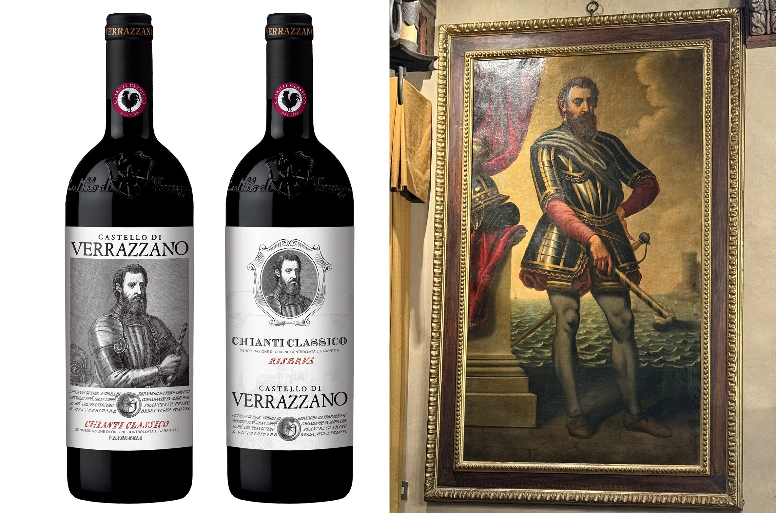 Two bottles of red wine next to a portrait of a man. The bottles of wine have the man's face on the labels