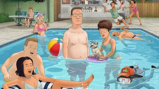 Hank, Peggy and other characters in swimming pool on poster for King of the Hill Season 15