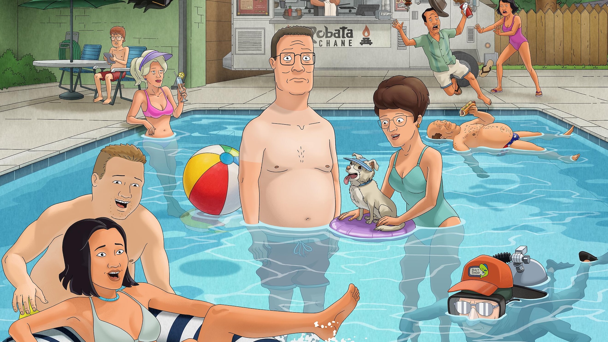 Hank, Peggy and other characters in swimming pool on poster for King of the Hill Season 15