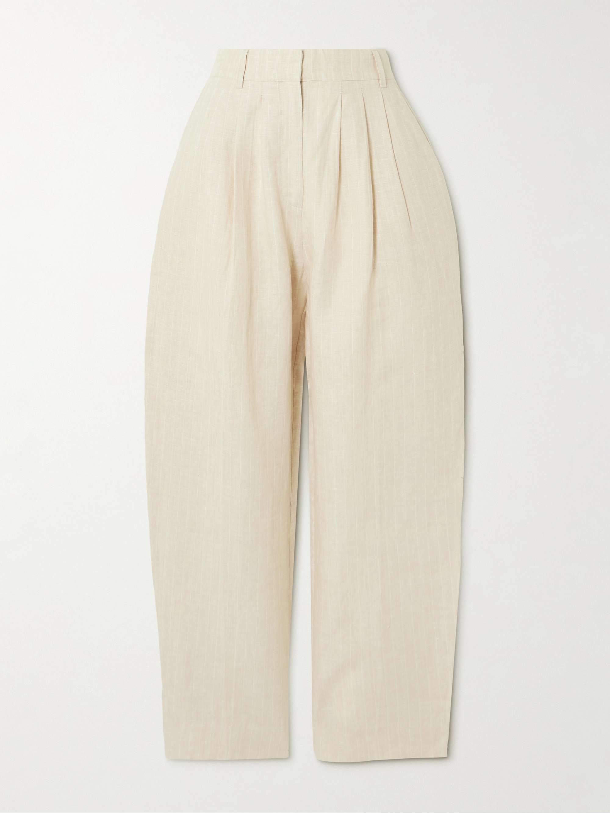 Lucille Pleated Pinstriped Linen Straight-Leg Pants