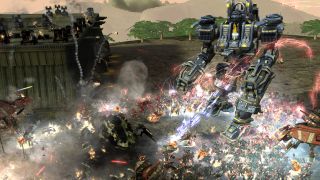 Best mech games - In typical Supreme Commander fashion, a Supreme Commander megaweapon mech wades into a horde of enemy units and particle effects.