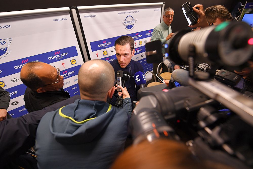 Philippe Gilbert answers questions at the Quick-Step press conference ahead of Omloop het Nieuwsblad