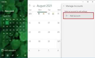 Calendar app add account option