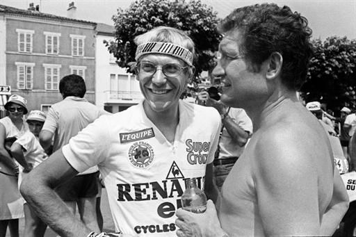 Laurent Fignon with Cyrille Guimard at the start of stage 16 of the 1983 Tour de France.