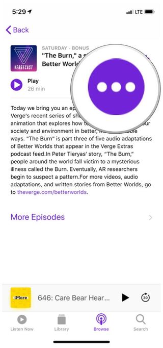 Apple Podcasts episode detail view in browse 3 dot button