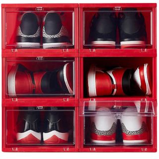 The Container Store large drop front shoe box red, 6 boxes, clear hinged lid