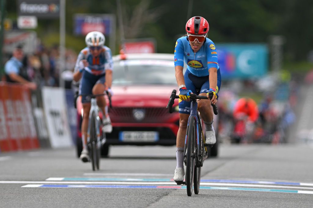 PLOUAY FRANCE AUGUST 24 Shirin Van Anrooij of The Netherlands and Team Lidl Trek Blue UCI Womens WorldTour Best Young Rider Jersey crosses the finish line during the 24th GP de Plouay Lorient Agglomeration Trophee CERA 2024 a 158km one day race from Plouay to Plouay UCIWWT on August 24 2024 in Plouay France Photo by Luc ClaessenGetty Images