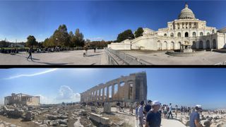 two panoramas of the Acropolis in Greece and the U.S. Capitol in Washington D.C.