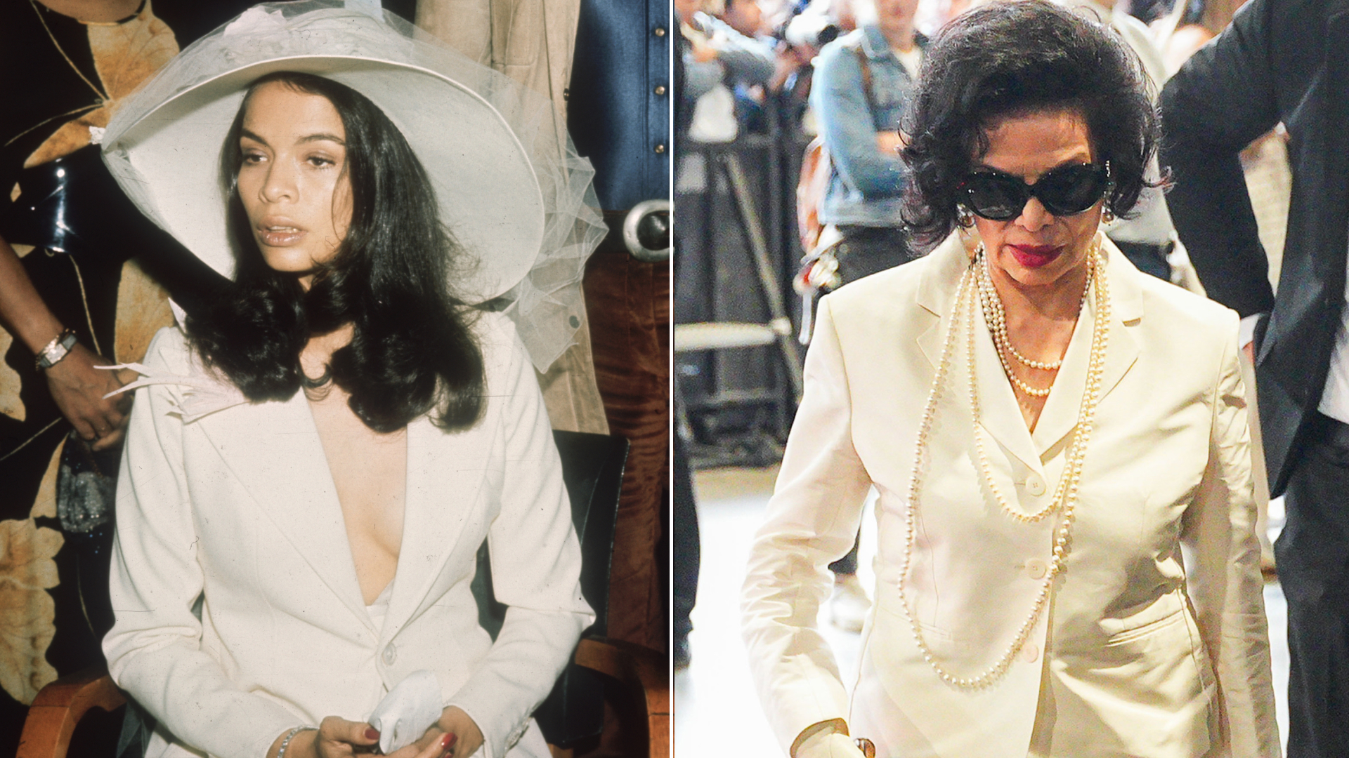 Bianca Jagger styled a bridal-white blazer and a matching pencil skirt at the Gucci Spring/Summer 2027 show at Milan Fashion Week