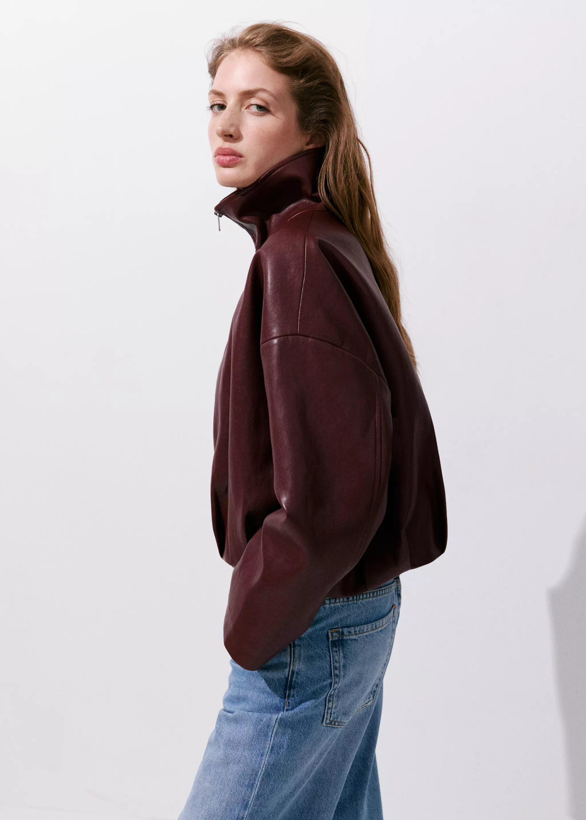 Faux Leather Funnel Neck Jacket - Women | Mango Usa