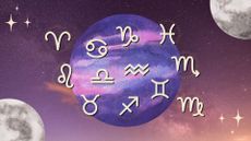 The zodiac signs symbols against the backdrop of a purple full moon and starry sky