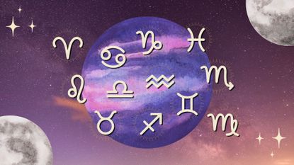 The zodiac signs symbols against the backdrop of a purple full moon and starry sky