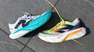 New Balance FuelCell SuperComp Pacer v2 and SuperComp Elite v4 on a sidewalk