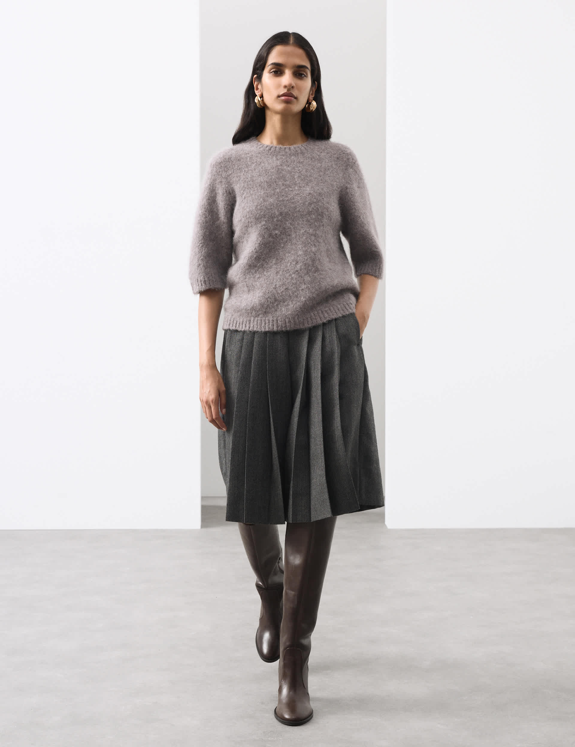 Pure Wool Pleated Wide Leg Cropped Culottes