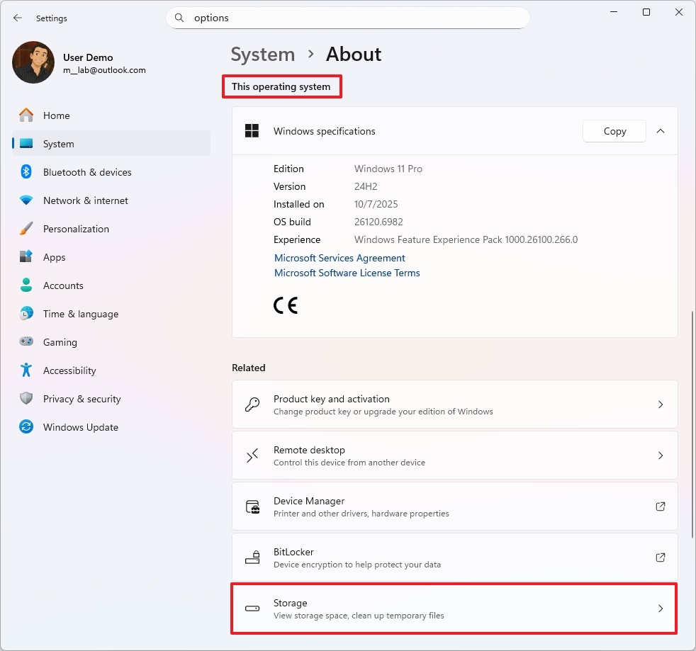 About page with Storage option