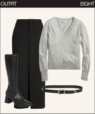 grey sweater, black trousers, black boots, black belt