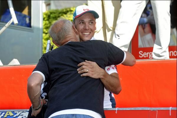 Gilbert gets a big hug from his papa.
