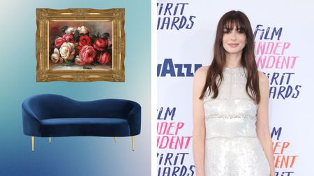 Anne Hathaway, a white woman with long brunette hair and a fringe pictured right at an event in a white outfit next to a blue gradient with modern blue sofa and rustic framed rose art