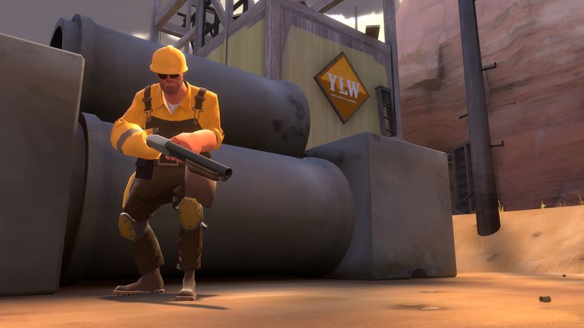 A yellow engineer standing in front of stacked pipes in Team Fortress 2 Classic