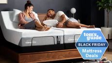 Image shows a couple lying on top of a Tempur-Pedic mattress placed on a Tempur-Ergo adjustable bed with a blue Black Friday sales badge overlaying it