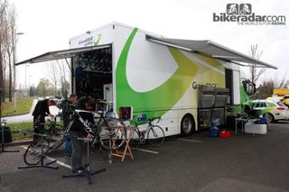GreenEdge's awning is a critical piece of equipment when mechanics have to work outside in the rain.