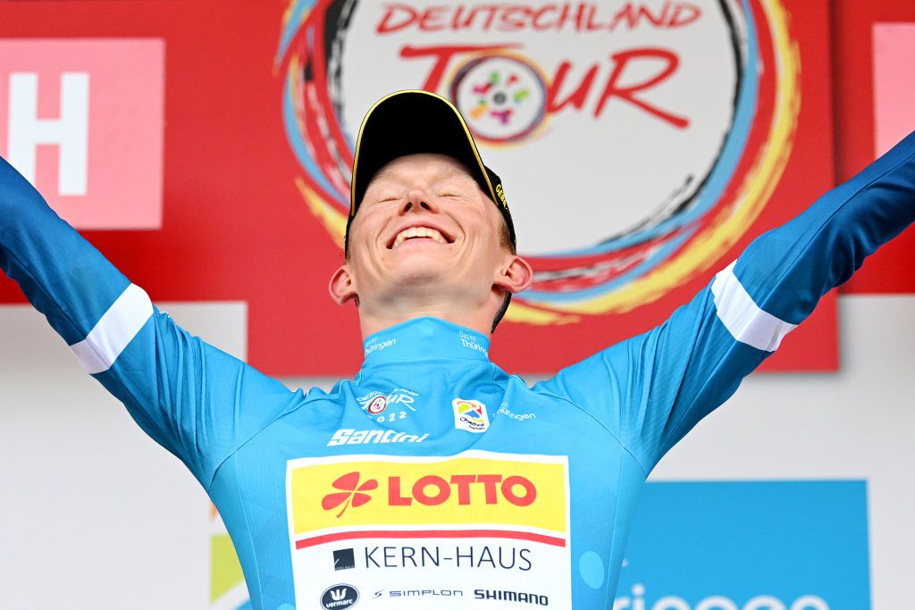 STUTTGART GERMANY AUGUST 28 Jakob Gener of Germany and Team Lotto Kern Haus Polka Dot Mountain Jersey celebrates at podium during the 37th Deutschland Tour 2022 Stage 4 a 1866km stage from Schiltach to Stuttgart DeineTour on August 28 2022 in Stuttgart Germany Photo by Stuart FranklinGetty Images
