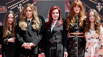 Harper Vivienne Ann Lockwood, Lisa Marie Presley, Priscilla Presley, Riley Keough, and Finley Aaron Love Lockwood attend the Handprint Ceremony honoring Three Generations of Presley's at TCL Chinese Theatre on June 21, 2022 in Hollywood, California.