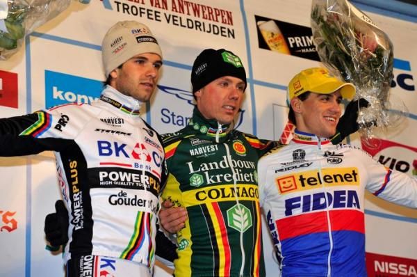 Elite men's podium: Niels Albert (BKCP - Powerplus, 2nd); Sven Nys (Landbouwkrediet-Colnago, 1st); Zdenek Stybar (Telenet - Fidea Cycling Team, 3rd).