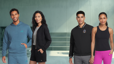 four models in Skechers apparel stand in a retail setting