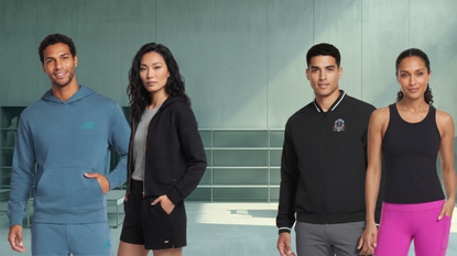 four models in Skechers apparel stand in a retail setting