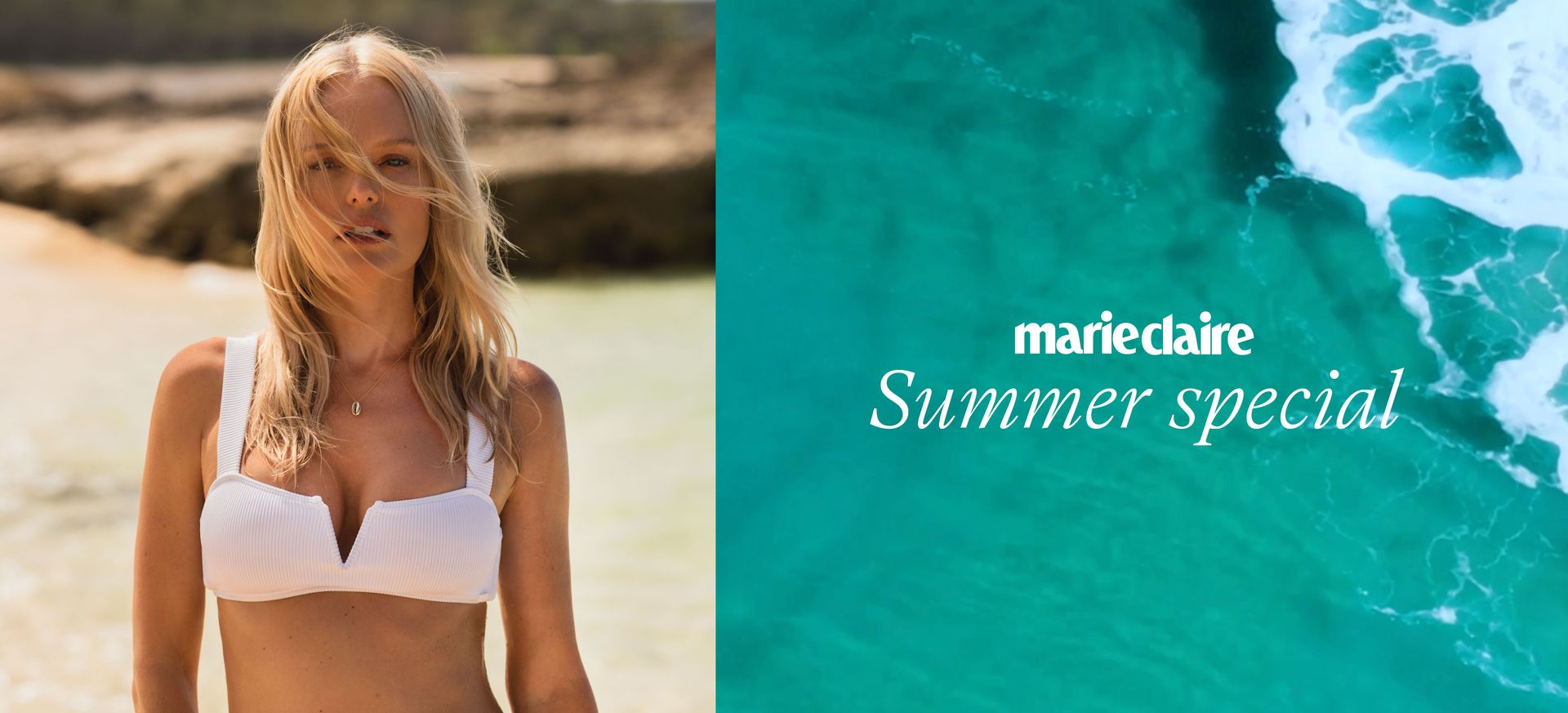 A banner image for the Fashion's DIgest summer special which features the cover image of Kate Bosworth on the left hand side and on the right hand side in a bright blue beach and waves with the words 'MARIE CLAIRE' and 'Summer Special' written ontop