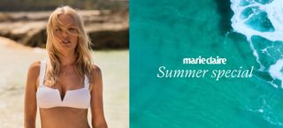 A banner image for the Marie Claire summer special which features the cover image of Kate Bosworth on the left hand side and on the right hand side in a bright blue beach and waves with the words 'MARIE CLAIRE' and 'Summer Special' written ontop