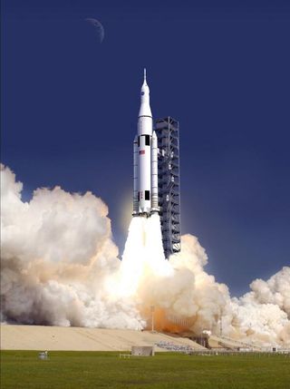 This artist's concept shows NASA's giant rocket, the Space Launch System soaring of a launch pad at the Kennedy Space Center in Florida. The rocket is NASA's new booster for deep space missions to an asteroid and ultimately Mars.