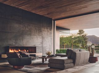 The large living space centers around the modern fireplace and is furnished in a gray palette