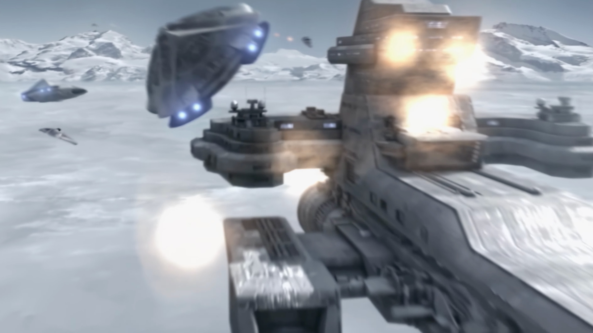 Screenshot from Stargate SG-1 showing spaceships battling over Antarctica