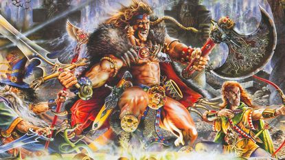 The barbarian character, with the elf and wizard, on the cover of the original 1995 edition of Warhammer Quest.
