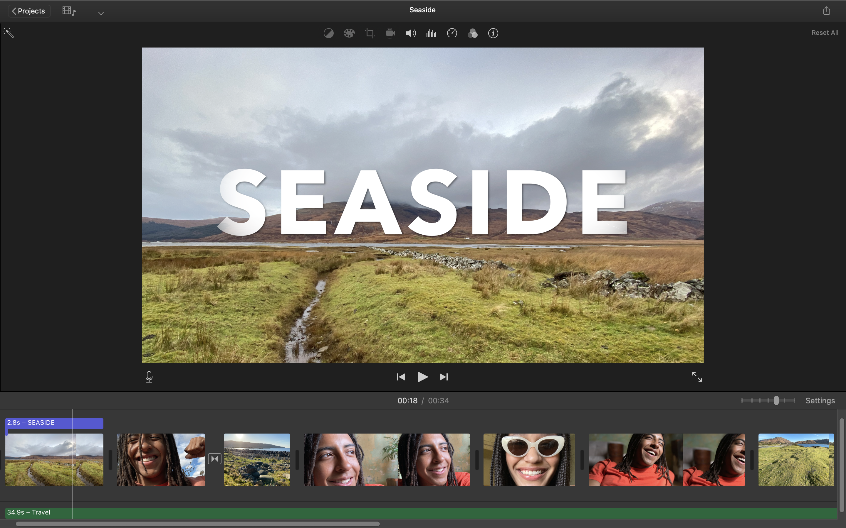 The Apple iMovie editing interface, showing a video being edited.