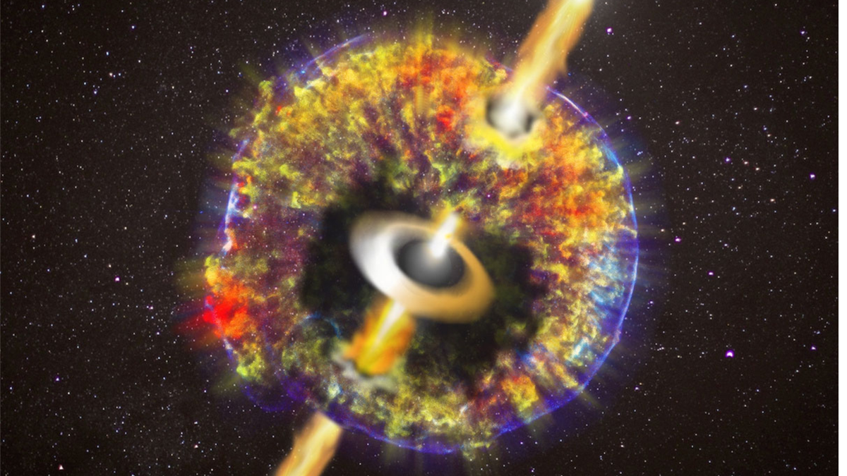 A purple circle with red and yellow fire within it and two yellow beams erupting from its poles