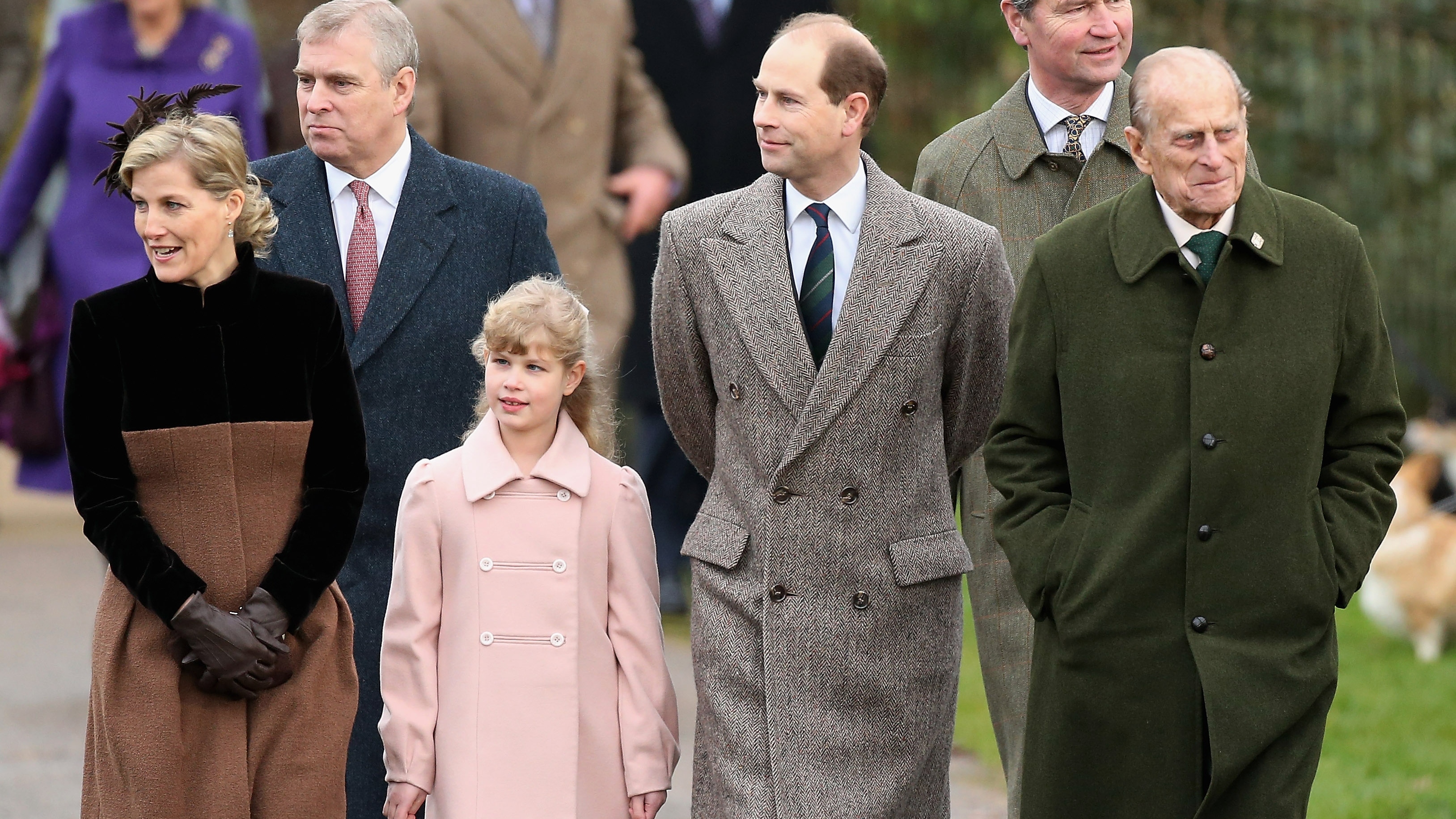 Duchess Sophie, Andrew, Lady Louise, Prince Edward and Prince Philip attend the traditional Christmas Day church service on December 25, 2012