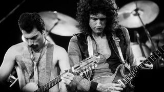 Singer Freddie Mercury and guitarist Brian May of Queen at the Rosemont Horizon on September 19, 1980 in Rosemont, Illinois.