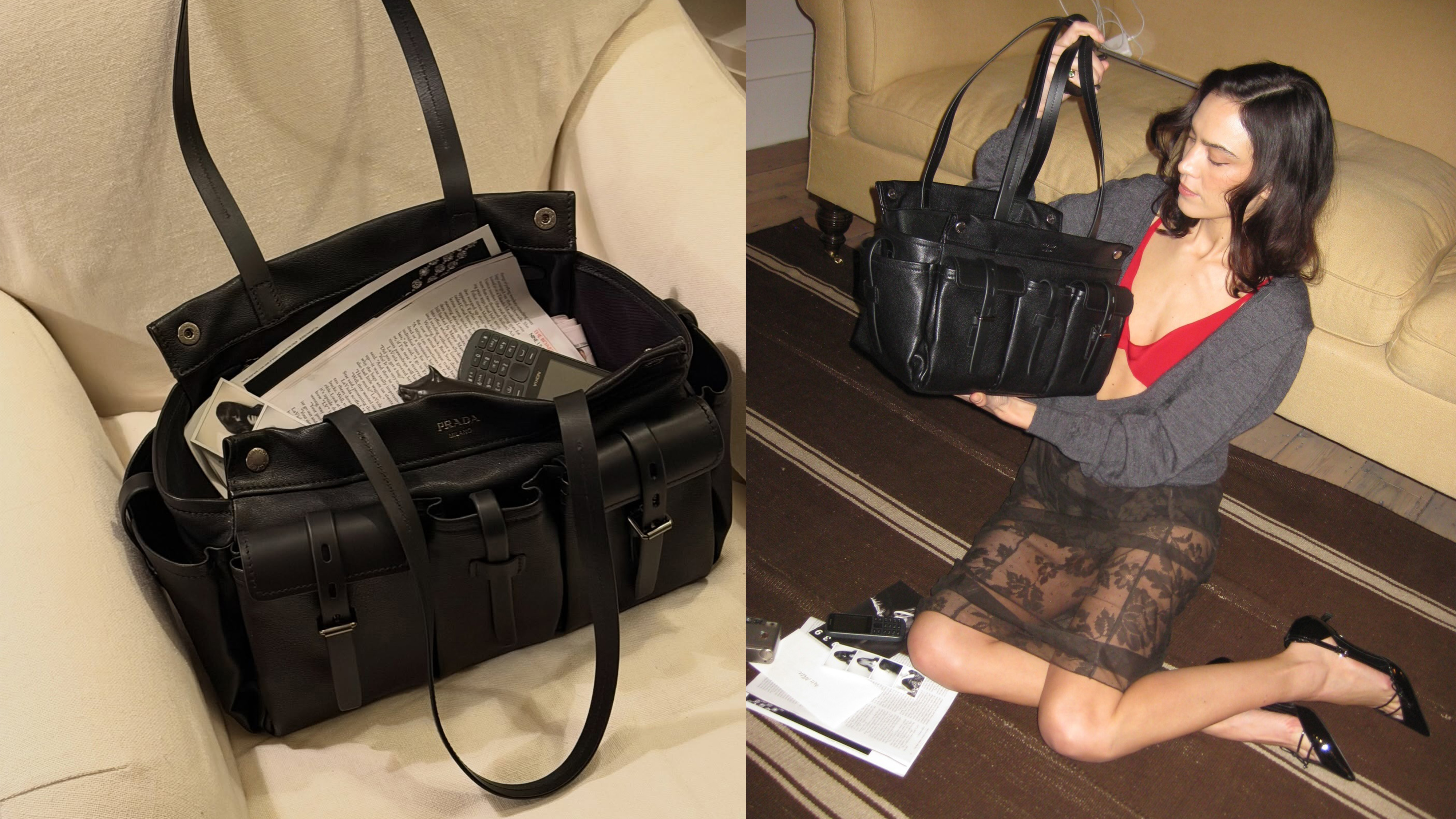 Alexa Chung with her black leather Prada Route bag. 