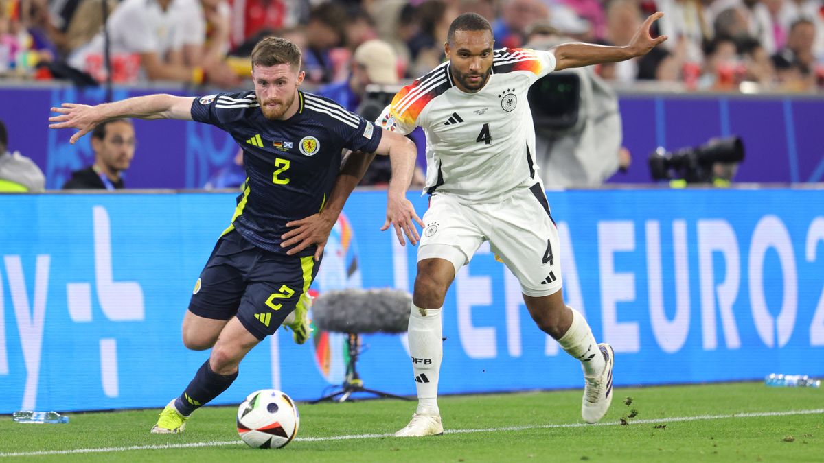 Scotland&#039;s Tony Ralston avoiding a tackle in the team&#039;s first game of the 2024 Euros.