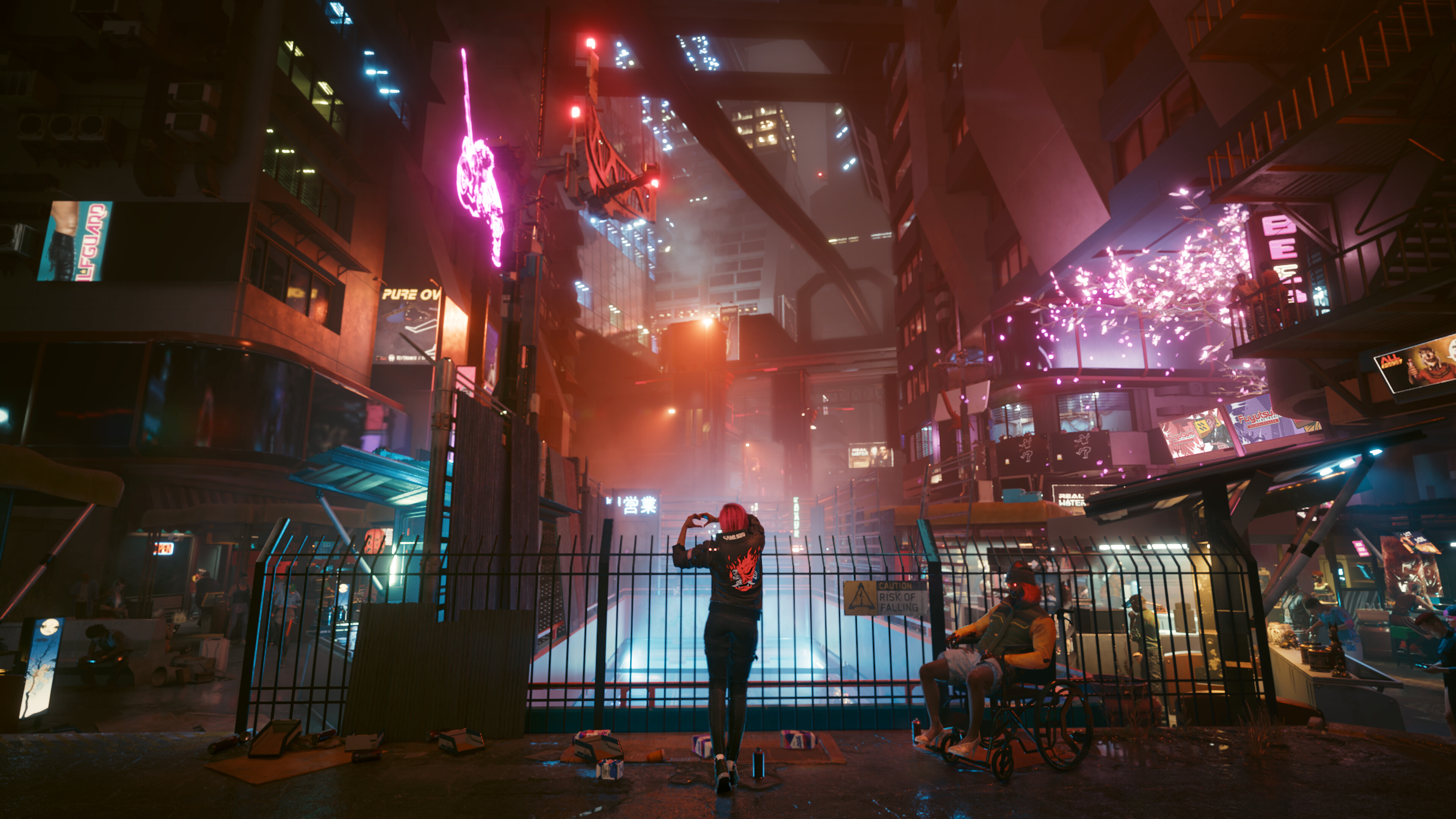 Cyberpunk 2077's Night City, illuminated by bright lights.
