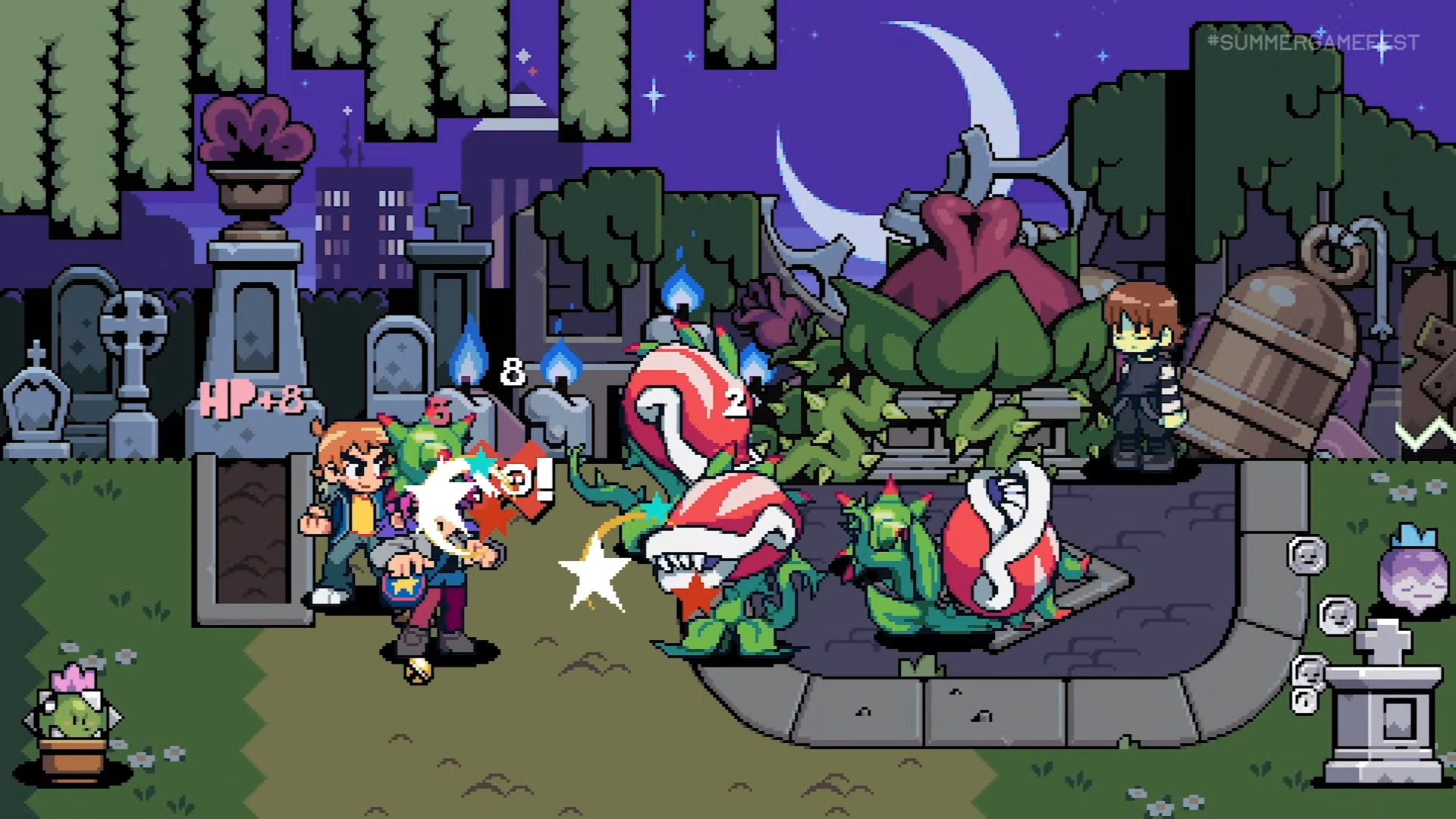 Scott Pilgrim EX screenshot showing scott and ramona fighting plants